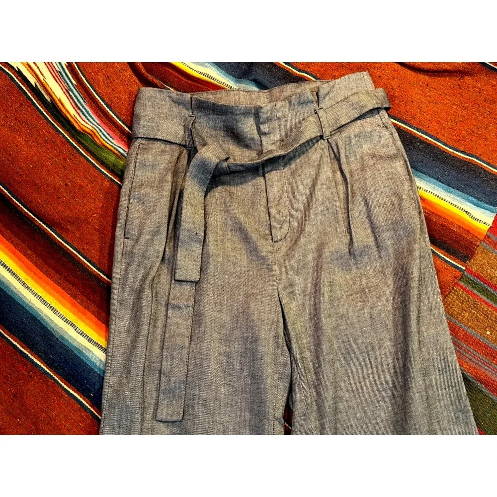Banana Republic Pants Womens 8 Gray Black Linen Paperbag Belted Twill Wide Leg